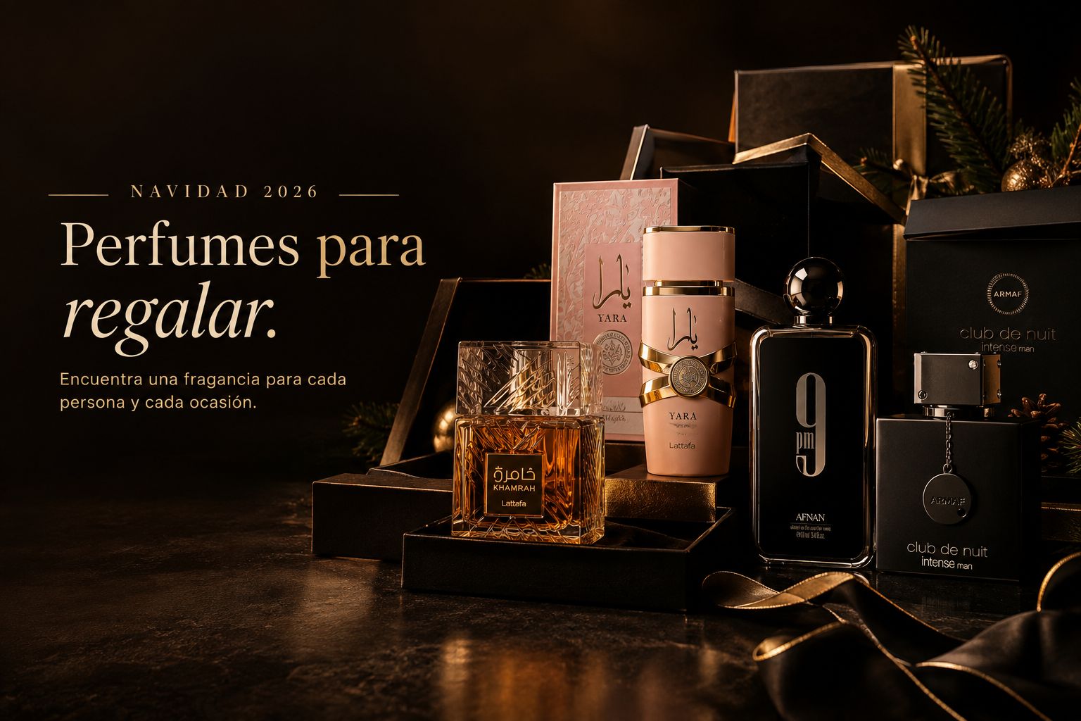 Perfumes árabes para regalar en Navidad: Khamrah y Yara de Lattafa, 9 PM de Afnan y Club de Nuit Intense Man de Armaf entre cajas de regalo
