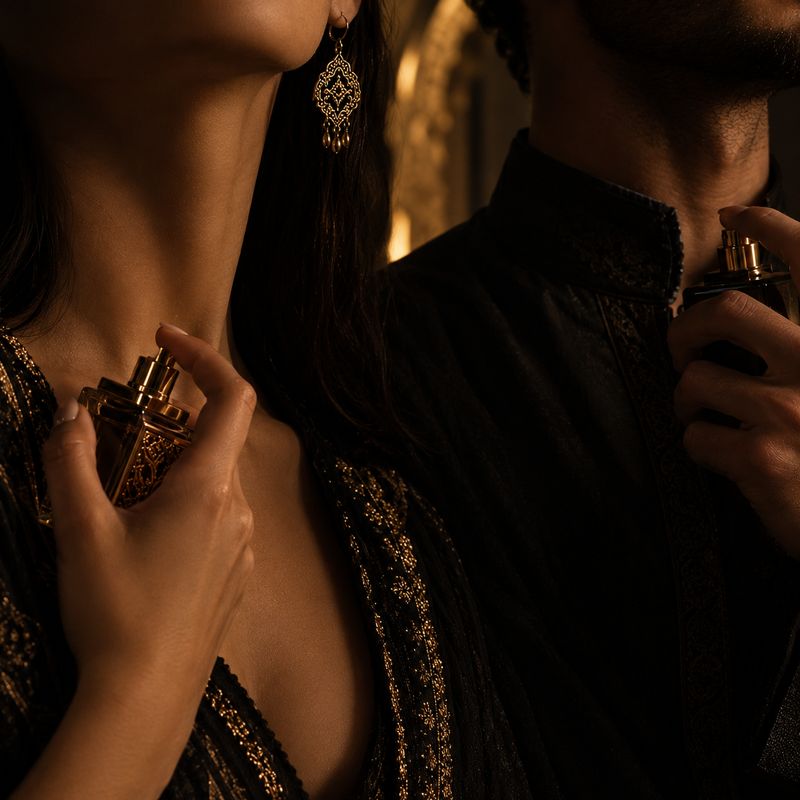 Pareja aplicándose perfumes árabes