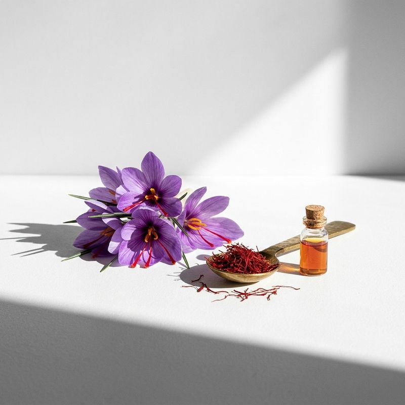 Flores de azafrán, hebras en una cuchara y un frasco de aceite